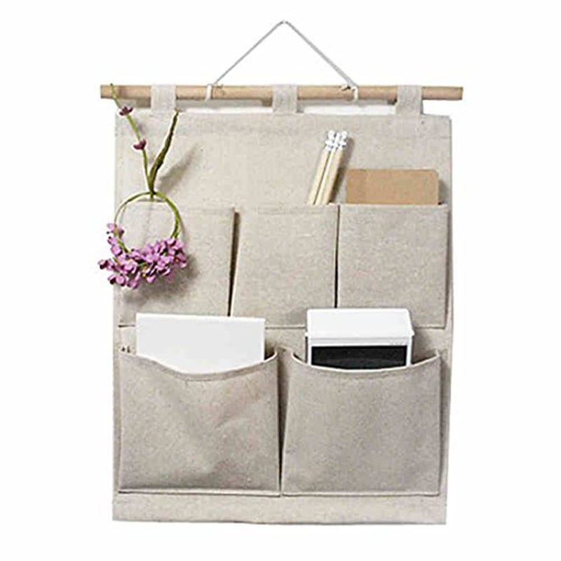 KINGREE Over The Door Magazine Storage Pockets, Wall Door Closet Hanging Storage Bag Organizer, (5 Pockets-Nature) - Image 1
